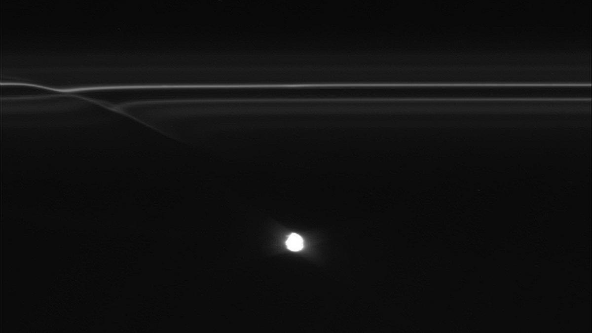 PASADENA, Calif. - Scientists working with images from NASA's Cassini spacecraft have discovered strange half-mile-sized (kilometer-sized) objects punching through parts of Saturn's F ring, leaving glittering trails behind them.